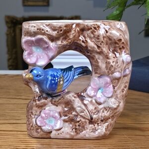 Vintage Ceramic Vase with Bluebird and Pink Flowers